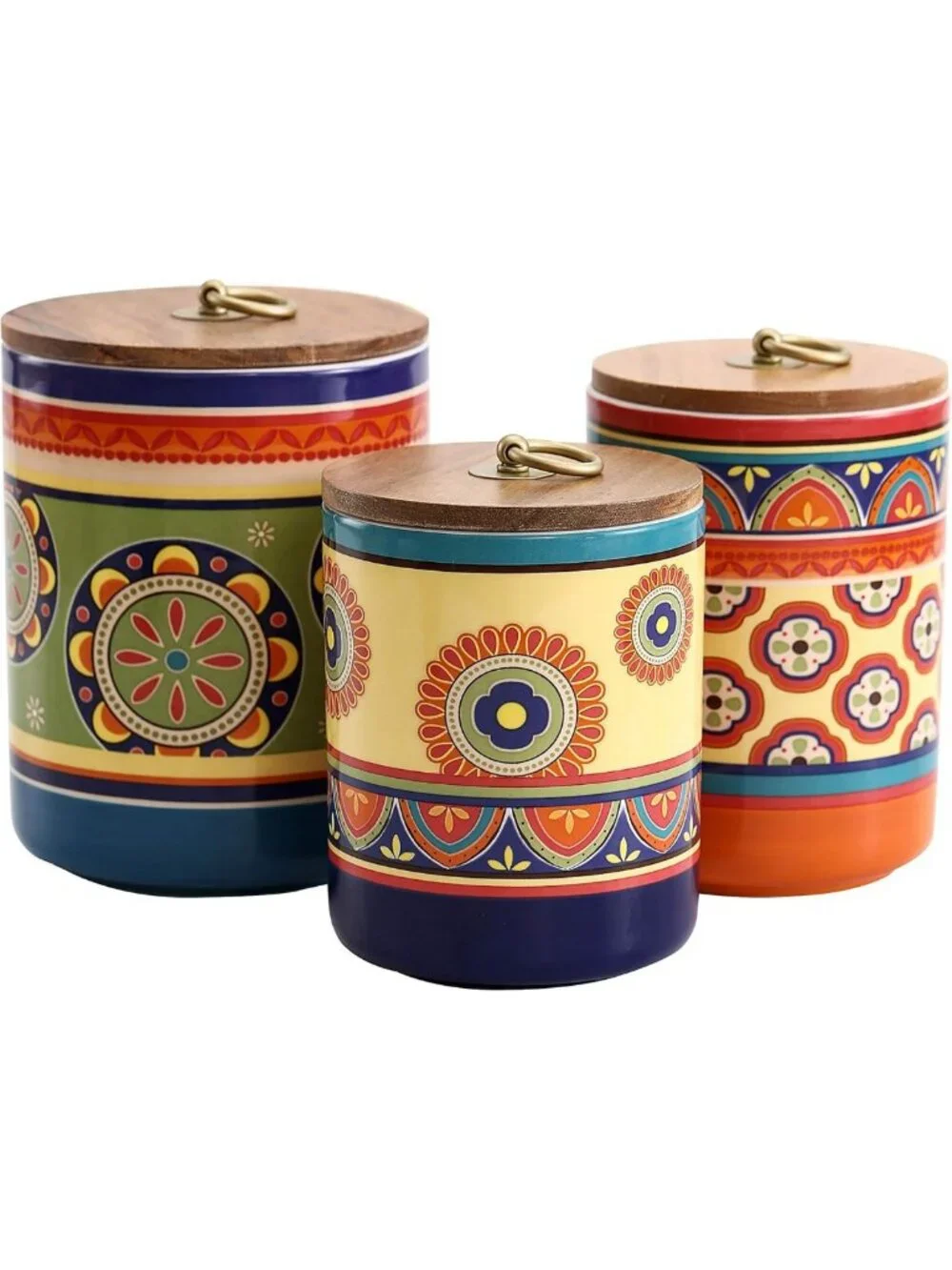 Tunisian Ceramic Canister Set of 3 with Wooden Airtight Lids - Food Storage Jars